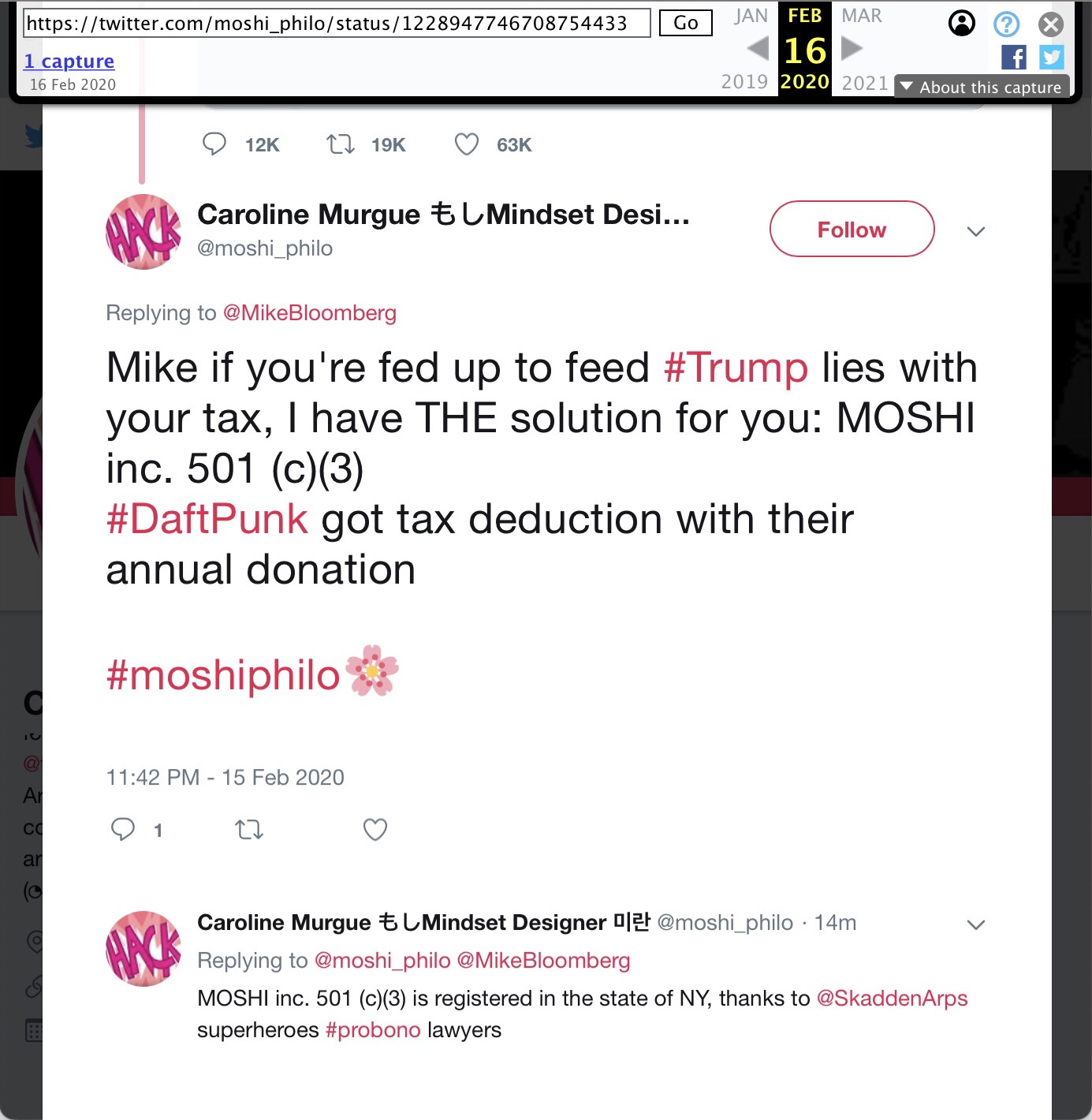 15 Feb 2020 tweet from @moshi_philo: Mike if you're fed up to feed #Trump lies with your tax, I have THE solution for you: Moshi Inc. 501 (c)(3) #DaftPunk got tax deduction with their annual donation #moshiphilo